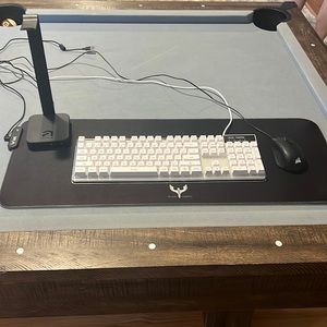 Full gaming setup mouse, gaming keyboard, gaming mouse pad, headphone stand.